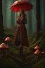 Placeholder: tall slim woman in a ragged clothing, in a forest, holding an umbrella made from a fly agaric mushroom, raining, detailed matte painting, deep colour, fantastical, intricate detail, complementary colours, fantasy concept art, 8k resolution, Unreal Engine 5