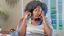 Placeholder: baffled black lady at home on the phone