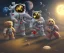 Placeholder: little boy and big teddy bears on moon. oil on canvas