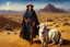 Placeholder: create a classical-abstract-realist sci-fi fantasy full body portrait painting of a nomadic tribal shepherdess with highly defined facial features, in an arid desert landscape in the style of Donato Giancola, Hans Memling, Titian, and Caravaggio, 8k, highly detailed, otherworldly and fantastic