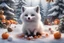 Placeholder: A beautiful little white and very fluffy arctic fox is sitting over a cup of cocoa, marshmallows in cocoa, tangerines nearby, flowers, falling snow, decorated Christmas trees in the background, very cute, huge eyes, hyperdetalized, detailed, intricate, digital painting, digital illustration, 4k, ultra hdr, beautiful fantastic landscape, realistic, full color, nature, HD photography, magic background, 3D, deep sharpness, colorful.
