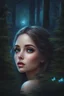 Placeholder: Painting of a beautiful girl, beautiful, haunted forest, pretty face, young girl, fantasy art, anime portrait, barbie face, big eyes, bright eyes, dream, trees, forest background, dark night, song, glitters background, fantasy, high quality, 8k