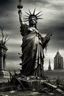 Placeholder: the statue of liberty, dress dirty and torn, her face solemn and terse, trash littered at her feet, the skyline dark and grungy