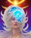 Placeholder: celestial sky, astronomy, platinum blonde woman on fire, psychedelic, intricate, elegant, highly detailed, background fire sky, digital painting, artstation, concept art, smooth, sharp focus, illustration, head shot, close up, art by artgerm and greg rutkowski and alphonse mucha, symmetrical eyes, perfect eyes, blue eyes, staring at camera, eye contact