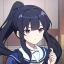 Placeholder: Clear focus, High resolution, short black fluffy hair, long locks, chopped bangs, pony tail, purple eyes, wearing a sailor uniform, (solo), anime screencap, pixel