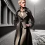 Placeholder: A beautiful slender well dressed young caucasian woman with short blonde hair and a black trench coat, waiting for a man at night at a train station in London