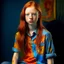 Placeholder: pretty girl, aged 12, ginger, conventionally attractive, colourful clothes, realism, jeans, dreamy, tight top