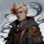 Placeholder: young aasimar male, fair-blonde hair, spiky hair, red streaks in hair, rugged medieval clothes-robes, celestial magic user