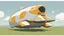 Placeholder: small, sleek, squat, cargo spaceship shaped like a whale, sitting in a field