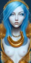 Placeholder: human kingfisher girl with blue hair and orange strand of hair wearing a blue winter coat and a gold necklace. kingfisher sitting on top of her head