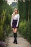 Placeholder: full body standing beautiful 20 year old girl with ash blonde hair and blue eyes with her long hair down, wearing a white sleeved shirt and nice sarifon dress, and lilac long leggings, with long black boots full body shot