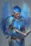 Placeholder: a person in runic armor with blue wings, blue short hair and spell book