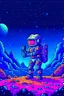 Placeholder: Astronaut with laser gun in pixel art on a wild planet