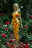 Placeholder: body inside transparent woman yellow leaves beautiful transparent woman made of transparent glass filled inside with red roses and leaves beautiful dynamic pose stands in garden hyper detailed sharpen CGI