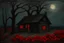 Placeholder: Creepy trees, creepy night, moon, cabin, red flowers, philip wilson steer impresionism painting