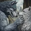 Placeholder: the anthropomorphic gray hairy body wolfman name Teo, holds between his paws the anthropomorphic pale hairy body wolfwoman's face , they look at each other lovingly, blur background, high detalied, realistic, sci-fi and fantasy mood