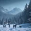 Placeholder: Five people hunting in snowy forest, sense of fear, mountain hut in the background, Alps, night sky, 8k, HD, cinematography, photorealistic, Cinematic, Color Grading, Ultra-Wide Angle, Depth of Field, hyper-detailed, beautifully color-coded, insane details, intricate details, beautifully color graded, Cinematic, Color Grading, Editorial Photography, Depth of Field, DOF, Tilt Blur, White Balance, 32k, Super-Resolution, Megapixel, ProPhoto RGB, VR, Halfrear Lighting, Backlight, Natural Lighting