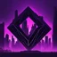 Placeholder: a large dark black ominous rhombus shaped structure with a neon purple outline floating high above a dystopian monochrome city