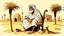 Placeholder: Old man, Arab, turban, white clothes, cattle, desert, council, sun, palm trees, mud houses, holding a stick, looking forward, a very slight smile.cartoon,Sitting on a chair,long beard,Mouth slightly open