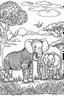 Placeholder: Feature a lion, elephant, and zebra in a savannah setting, with a few acacia trees, clean line art, white background, no shadows, black and white coloring book.