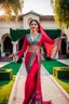 Placeholder: create a video of beautiful azerbaijani lady wearing traditional clothing dancing with sari gelin famous song and music of azerbaijan in a pretty villa garden