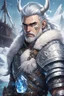 Placeholder: in anime style, 1man, a man with blue eyes and silver hair man in silver Viking armor with fur around the neck with blue crystal on his chest holding an axe in his hands standing on a pirate ship in the artic, warrior in anime style,