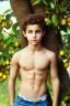 Placeholder: beautiful 12 year old arabic boy with long, blonde curly hair and light blue eyes, smiling, shirtless, in front of a distant mango tree