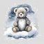 Placeholder: watercolour children's book illustration, muted tones, cute grey-beige sleepy little baby teddy bear, sitting on a snow white cloud, isolated on a solid white background