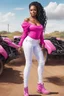 Placeholder: Create a watercolor image of a curvy African American female wearing tight white jeans and a off the shoulder hot pink blouse. She is also wearing timberland boots. Prominent make up with hazel eyes. Highly detailed very long extremely braids of black hair. Her skin is smooth and silky. Background of a track of ATV riders.