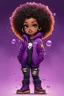 Placeholder: Create an colorful urban comic book illustration of a chibi cartoon black female thick curvy wearing a cut of purple hoodie and black jeans and timberland boots. Prominent make up with long lashes and hazel eyes. Highly detailed shiny black curly afro hair. Background of a large bubbles all around her