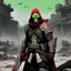 Placeholder: [wii No More Heroes style with thick lines] Ultra-detailed 8K image in a post-apocalyptic style shows a warrior with red hands and a skull, and fluorescent green goggles. The face and hands are realistically textured, revealing the cracked surface and veins beneath the skin. A ragged linen cloak billows in the wind. The background is a dark wasteland with ruins and a figure on a horse. Chiaroscuro and muted colors emphasize the gloomy atmos