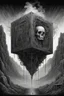 Placeholder: A cube on and with computer chips and a smoke in the mountains background dark a thin line draw ، front view camera, decayed and proportions and imagery. surreal chorror, biomechanical design, by hr giger and beksinski , fine lines draw