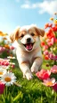 Placeholder: Create a hyper-realistic image of a playful puppy frolicking in a vibrant flower garden.The scene should capture the puppy's joyful expression, with its fur glistening in the sunlight.Surround the puppy with an array of colorful flowers, including daisies, tulips, and roses, in full bloom.Ensure the background features a clear blue sky and soft, green grass, adding depth and warmth to the composition.Focus on the details to enhance realism.