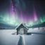 Placeholder: analog film minimal liminal icy a frame dimly lit cabin front elevation squared off and centered with icy trees behind and brilliant purple green aurora borealis - foreground is simple snowy field