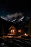 Placeholder: horizontal picture of cabin out in the woods with bonfire stars and mountains in the background