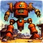 Placeholder: 90's fantasy tcg art of a large junk robot in junkyard