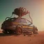 Placeholder: 3d rendering. Steampunk futuristic yellow monster machine. Buried in desert sand. Lost in Time, dramatic lighting, neon Lut, hyper realistic, cinematic lighting