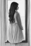 Placeholder: Pencil sketch of Young woman look through the window , Arab features,sad, long wavy hair, full body، on lined paper