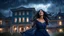 Placeholder: Hyper Realistic Photographic Low-Angle View Of A Beautiful Young Pashto Woman With Beautiful Eyes Lips & Nose (Wearing Beautiful Traditional Navy-Blue Dress Her Beautiful Long Black Hair Whirling In Air) Happily Standing & Smiling Outside A Fancy Navy-Blue Mansion Heavy Rainfall Night with Thunderstorm Showing Dramatic & Cinematic Ambiance.