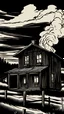 Placeholder: noir, atmospheric, shadows, cinematic, Black and white drawing, A wooden house on fire in the countryside, a view from afar, somber tones, high quality, suspenseful, menacing.