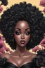 Placeholder: Create an comic drawing image of a curvy size black female wearing a black off the shoulder blouse and she is looking down with Prominent makeup. Highly detailed tightly curly black afro. Background of large black flowers surrounding her