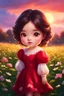 Placeholder: Digital painting of a cute little girl in a gorgeous red puffy sleeve dress, front view, cute chibi face, dark hair, glowing eyes, rosy cheeks, red lips, sunset, back light, clover field in the background, Disney art, digital painting style, High Quality, 4k