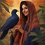 Placeholder: Hyper Realistic close-up-view of a Beautiful-Young-Happy-Pashto-Woman-with-beautiful-eyes-smiling-with-a-bird-on-his-hand with navy-blue-dress-&-orange-shawl & breeze-whirling in a jungle-with-tall-trees & cloudy-sunset-&-sun-rays showing dramatic & cinematic ambiance