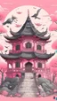 Placeholder: A light pink magical witch's house designed in Mayan architecture painted by Utagawa Hiroshige