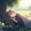 Placeholder: anime girl sleeping in a field of flowers, under a weeping willow tree