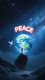 Placeholder: Prompt: "A serene, cosmic landscape with a floating Fairy contemplating a large, glowing word “ PEACE “ on Earth Globe in the sky, The cosmic backdrop hints at the bvastness of the mind cand the universe."