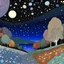 Placeholder: Colourful, peaceful, Gustav Klimt, night sky filled with galaxies and stars, rocks, trees, flowers, one-line drawing, sharp focus, 8k, deep 3d field, intricate, ornate