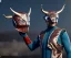 Placeholder: Superhero, bullseye mask, horns, vest, jellyfishsombrero, metal, steel hands, strong, chest plate, gloves, pauldrons, pressurized boots, radium, sleeved, cape