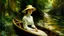 Placeholder: Impressionist painting: Woman with dark hat and white dress in a dark boat, reflecting on calm waters surrounded by ochre and green vegetation.