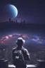 Placeholder: Supernova overlooking a city in the Milky Way galaxy with a person wearing a hat and a backpack with the Shift logo on it